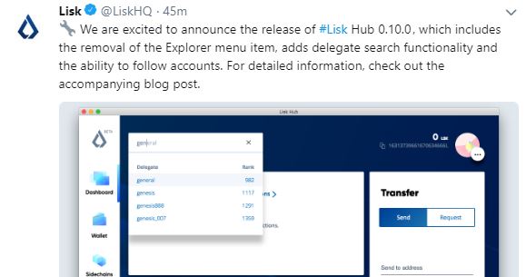 Lisk's recent tweet | Source: Twitter