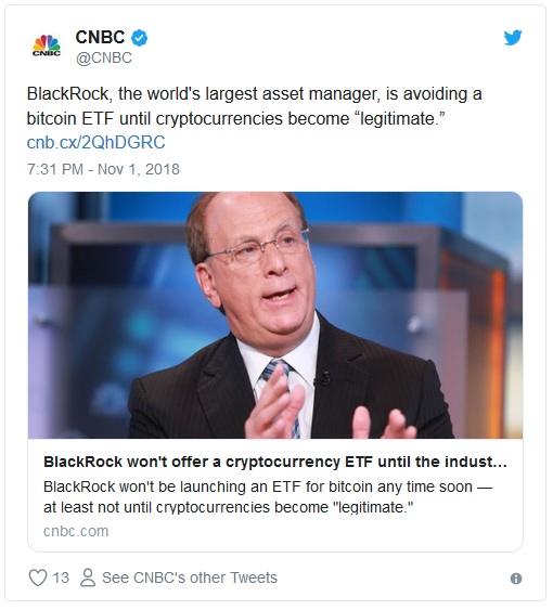 CEO Blackrock: Криптовалютам не хватает легитимности, а биткоин-ETF подождут